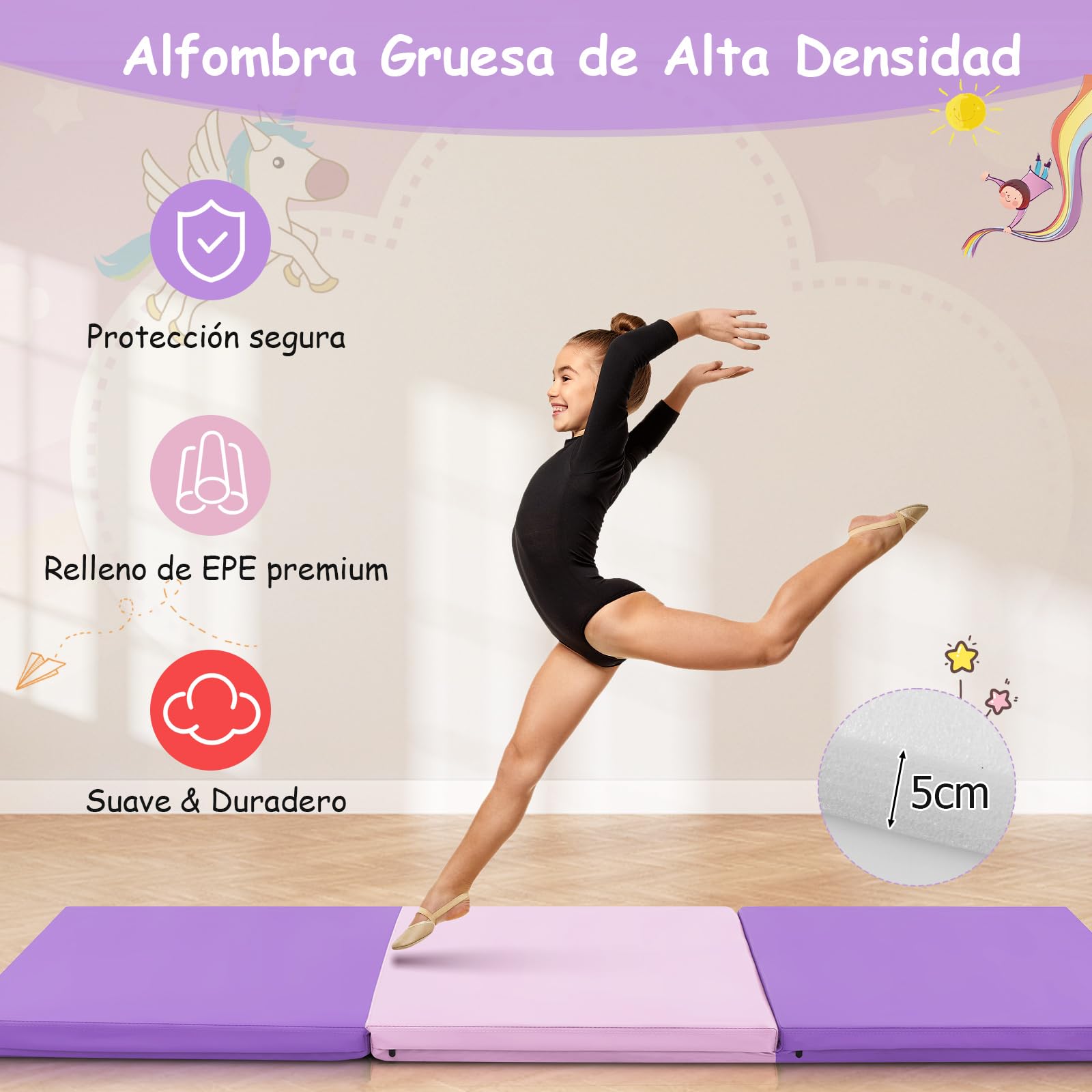 COSTWAY 180 x 60 x 5 cm Colchoneta de Gimnasia Plegable, Esterilla de Gimnasia con Superficie Impermeable y Algodon Perlado, Estera Suave de Yoga con 2 Asas para Niños Adultos
