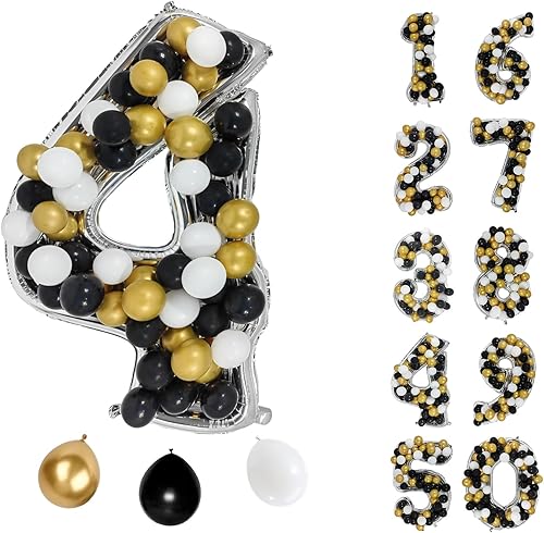 Globo gigante de 65 pulgadas del 0 al 9, globos plateados de aluminio de 4 dígitos y globo de látex dorado y negro de 5 pulgadas para cumpleaños,
