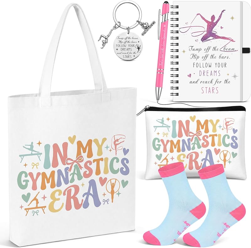 Gilprop Conjunto com 6 peças para ginástica, com nécessaire, bolsa de lona, chaveiro, caderno, caneta e meias