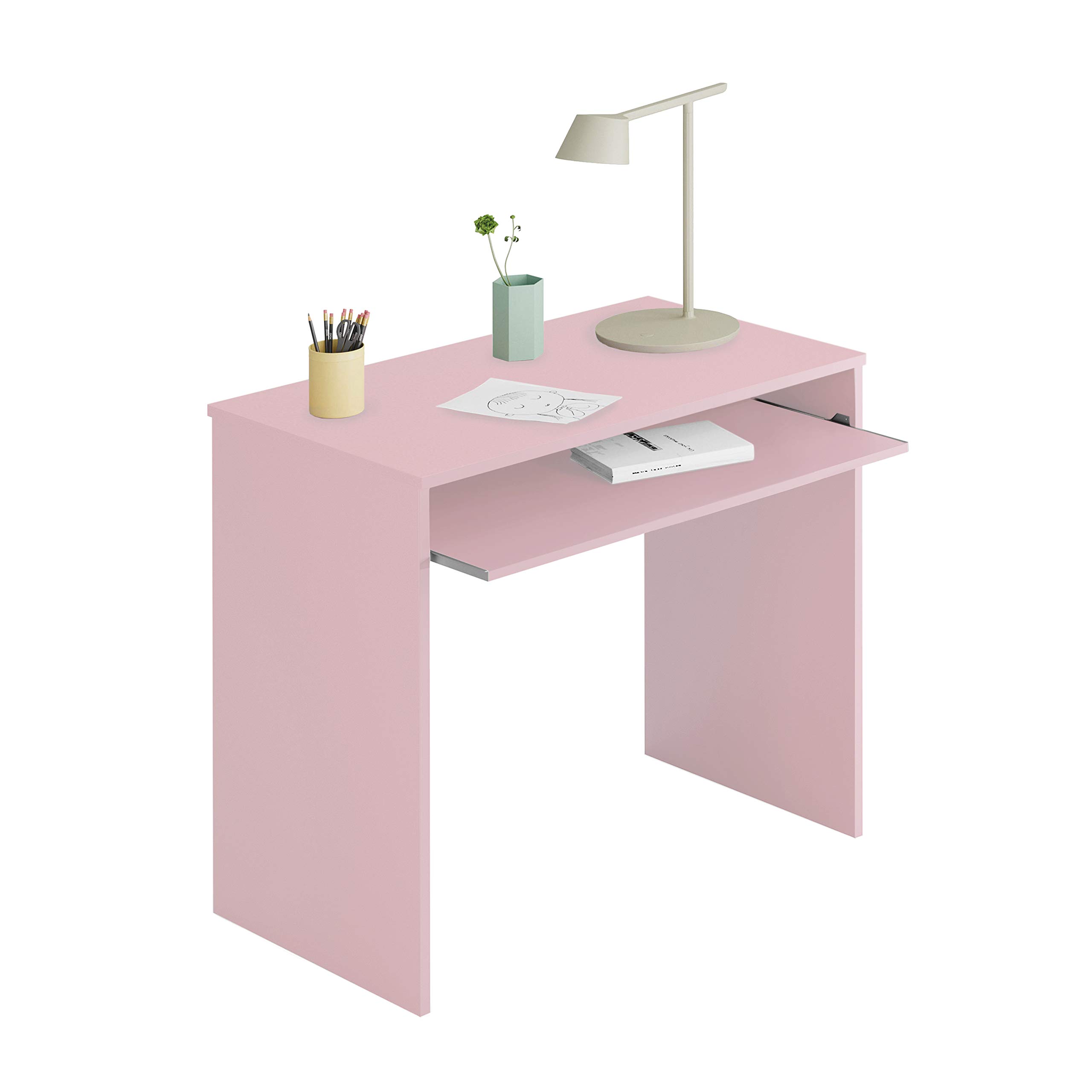 Habitdesign Mesa de Ordenador con Bandeja extraíble, Mesa Escritorio Juvenil, Modelo I-Joy, Color Rosa Nube, Medidas: 90 cm (Ancho) x 54 cm (Fondo) x 79 cm (Alto)