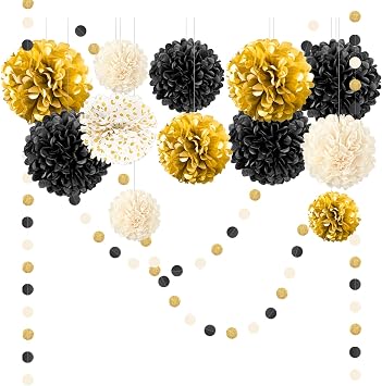 NICROLANDEE Black Gold Party Decoration 15 PCS Tissue Paper Pom Pom Garland