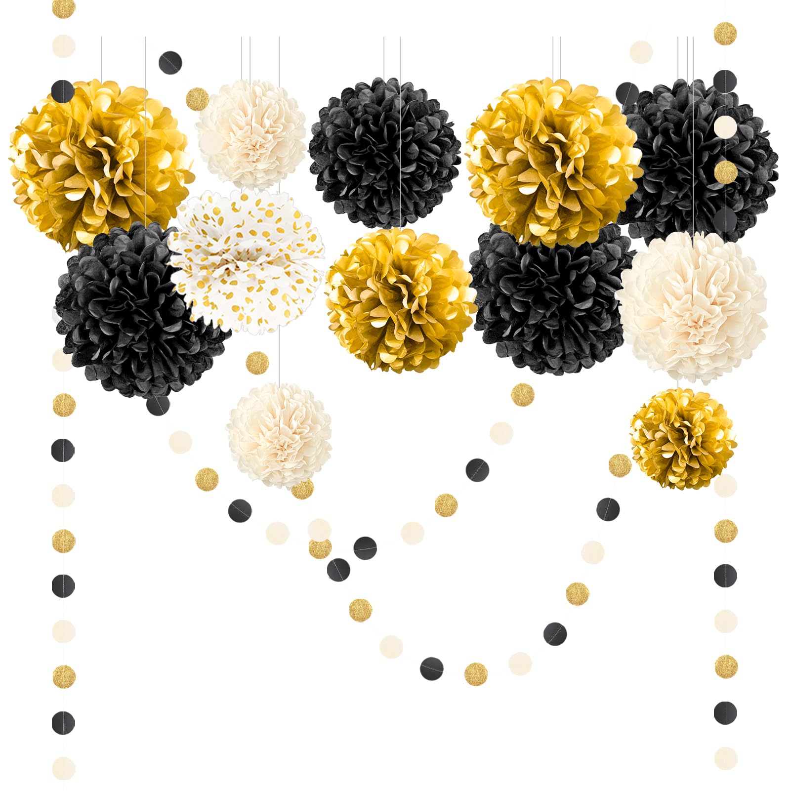 NICROLANDEE Black Gold Party Decorations, 15 PCS Tissue Paper Pom Poms Kit for 2026 New Year Party, Wedding, Birthday, Engagement, Graduation Party
