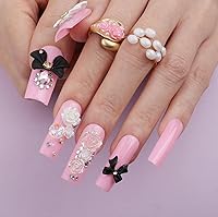 Vista 9 de Uñas postizas a presión con punta francesa color rosa, uñas postizas largas cuadradas de lujo, diseño de flores 3D, acabado UV, uñas postizas