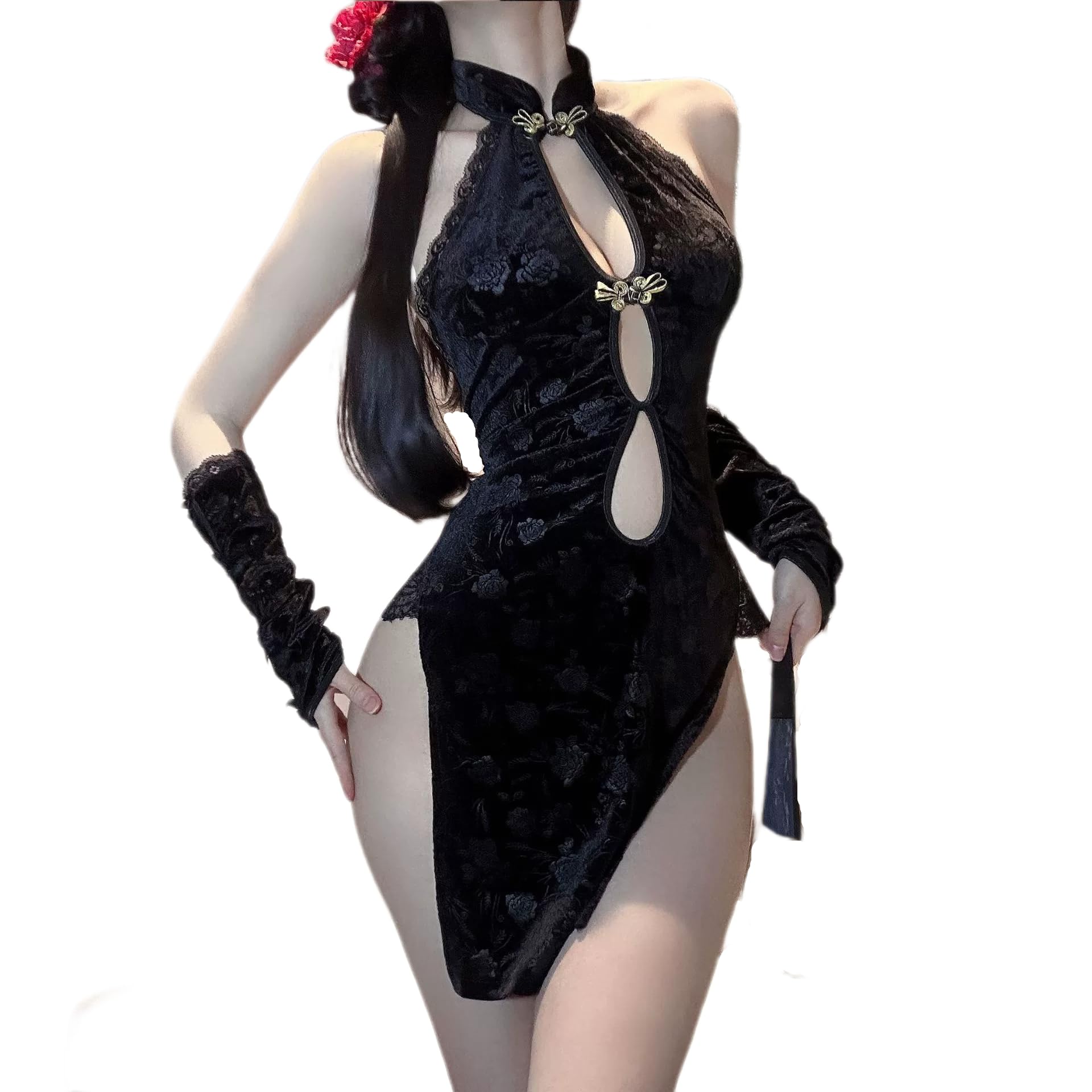 Women's Lingerieset Unique Chinese Style Bodysuit Lingerie Set Cheongsam Sexy Costumes for Sex R-Black One Size