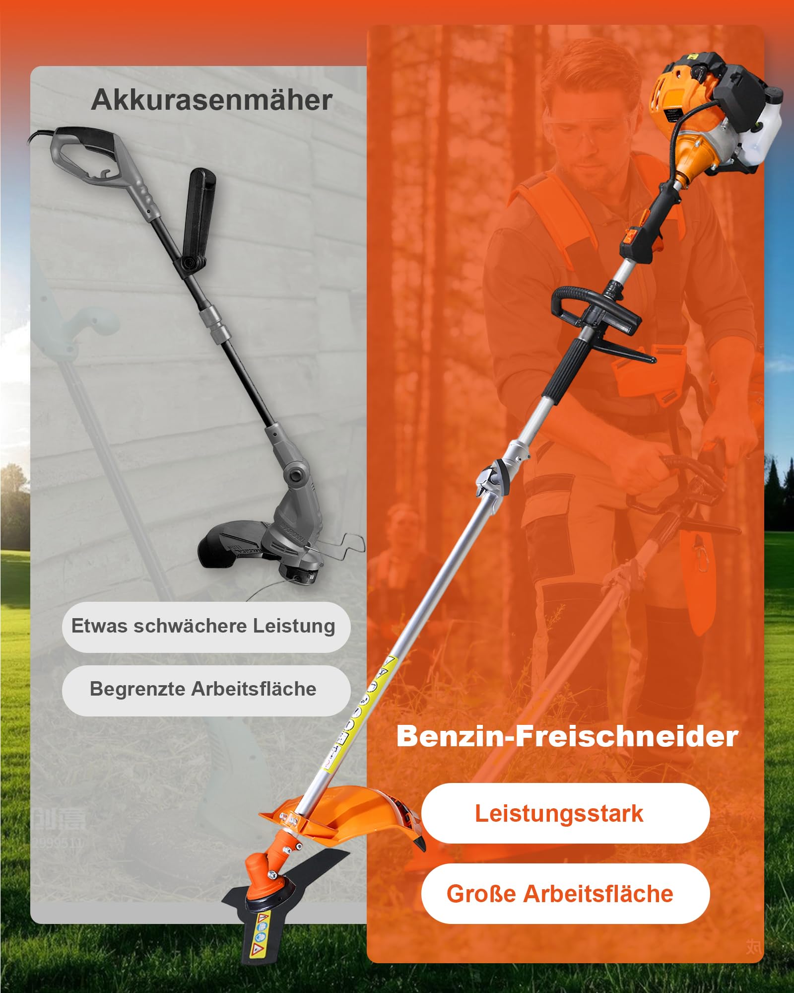 Benzin Motorsense 52cc 2-Takt freischneider-mit Benzin-Strimmer und Freischneider 、Heckenschere 、Kettensäge 3 PS, 2-Takt Luftgekühltes Gartengerät, Leistungsstark & Kraftstoffsparend