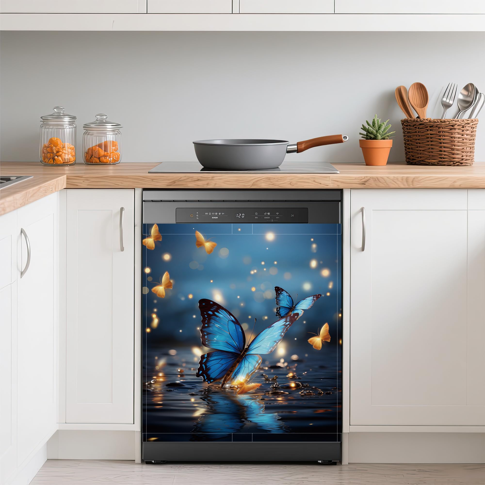 Dishwasher Cover,Blue Butterflies Reusable Dishwasher Magnet Cover,Decorative Glitter Butterfly Magnetic Refrigerator Cover Front Panel Cover for Kitchen Decor 23x26 Inch