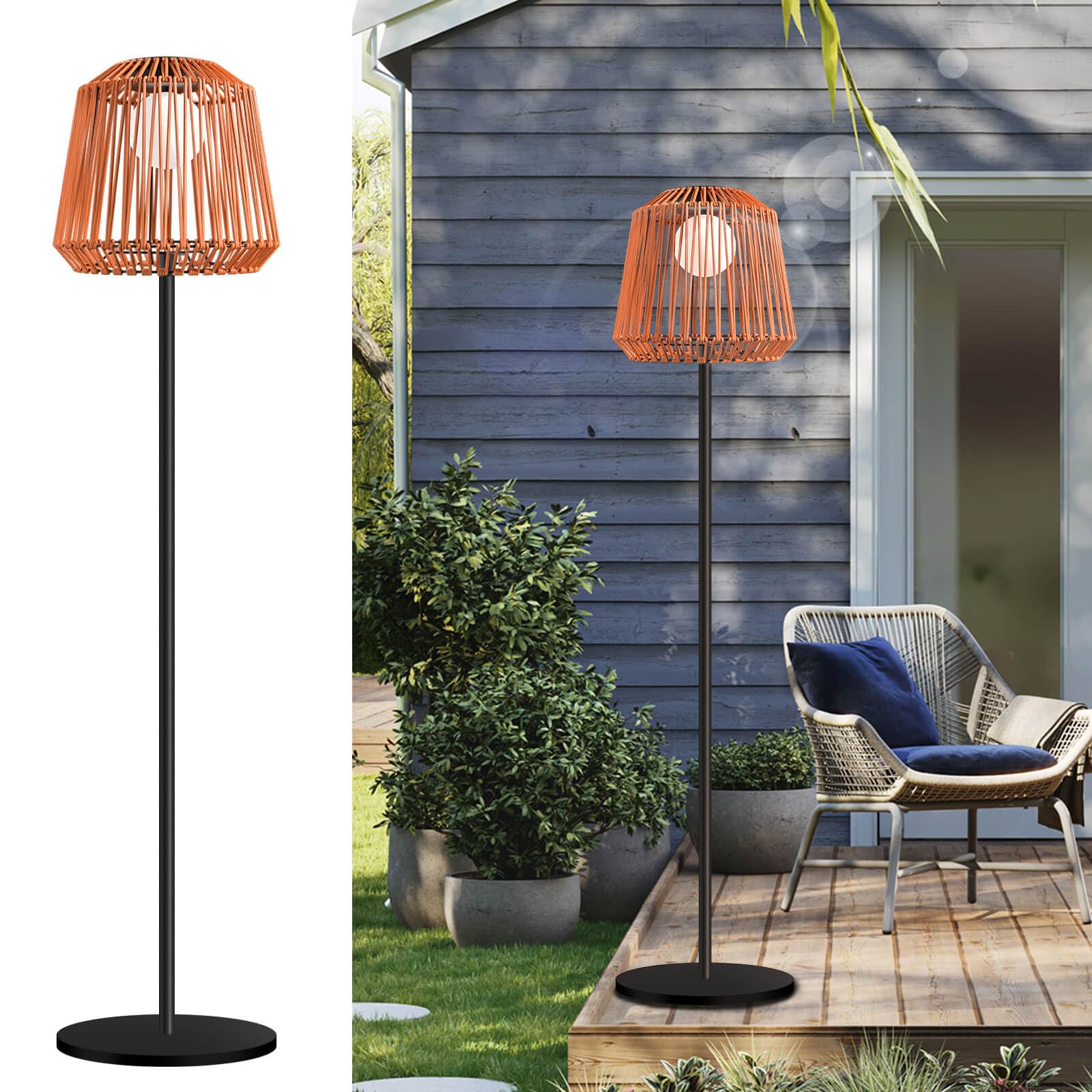 Lámpara solar exterior de ratán con 3 niveles de brillo y carga USB, IP65, resistente al agua, lámpara de pie solar para jardín, terraza y salón (30 × 30 × 155 cm, blanco cálido, encendido