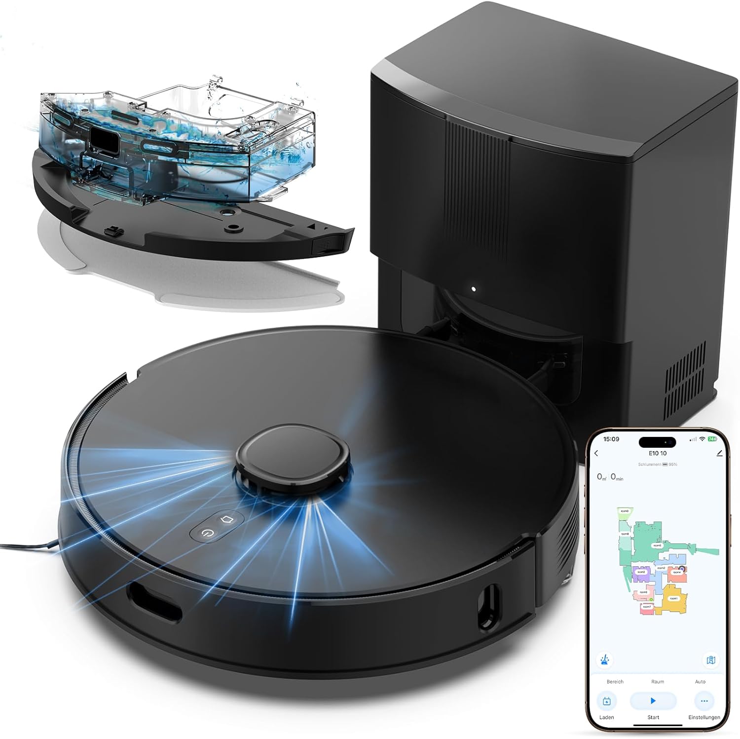 Robot Vacuum and Mop Self-Emptying with 8,000Pa Suction, LiDAR Navigation, Home Mapping, 75-Day Capacity, No-Go Zones, 150 Mins, APP＆Voice Control for Pet Hair, Hard Floors, Carpets, E10+