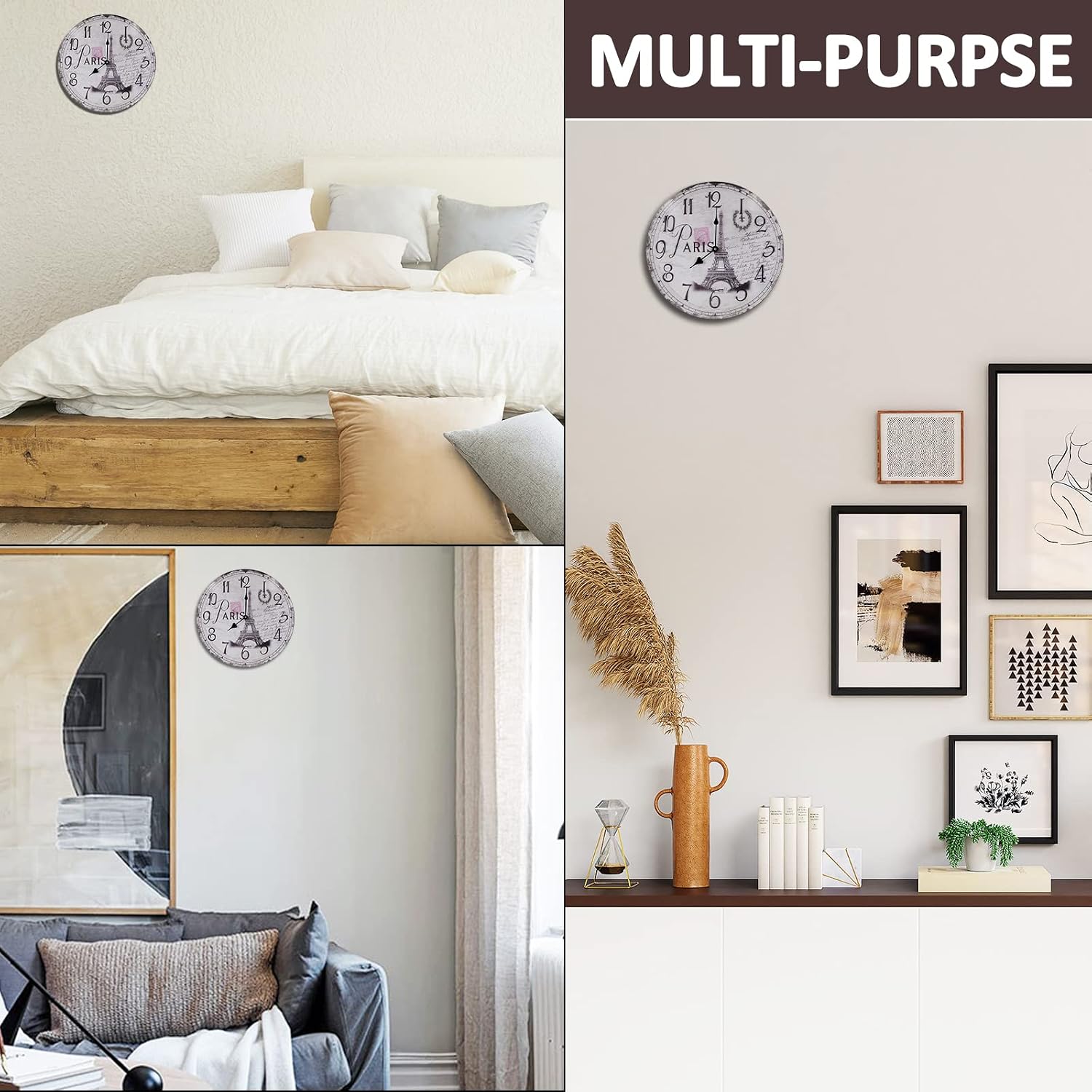 HIPPIH Paris Wall Clock, Paris Decor for Bedroom, Silent 12'' French Wall Clocks, Paris Bathroom Decor, Paris Clock Wall Decor, Eiffel Tower Decor, Paris Room Decor, Paris Themed Bedroom Decor