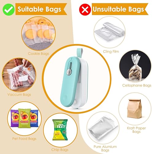 Miniatura 7 de FEPPO Mini sellador de bolsas, sellador térmico 2 en 1 con cortador y cordón, mini máquina reselladora de bolsas para bolsas de plástico, bolsas de