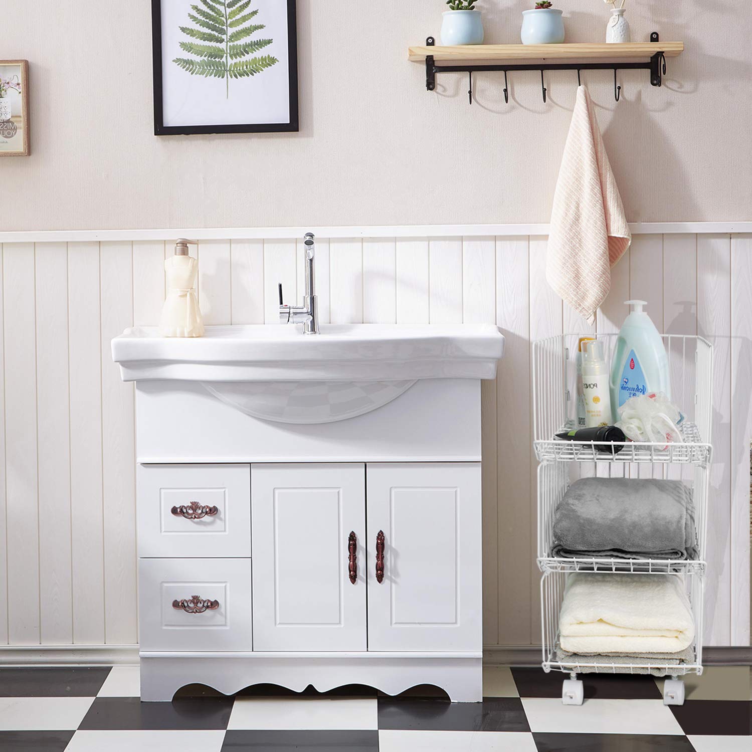 Pup joint Metal Wire Baskets, 3 Tiers Foldable Stackable Rolling Baskets Utility Shelf Unit Storage Organizer Bin with Wheels for Kitchen, Pantry, Closets, Bedrooms, Bathrooms