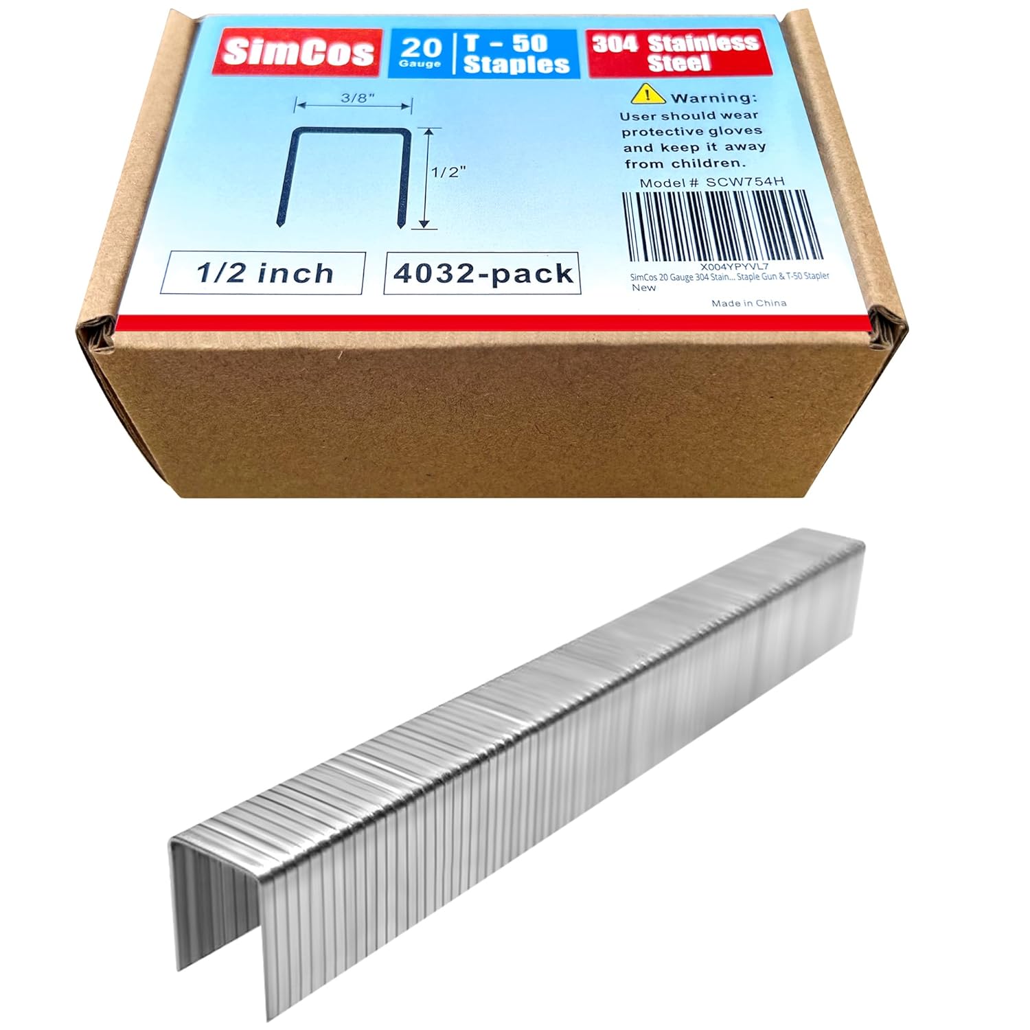 20 Gauge 304 Stainless Steel T/50 Staples - 3/8" Crown Upholstery Staples, 1/2" Leg Length, 4032-Counts, Compatible with Staple Gun & T-50 Stapler