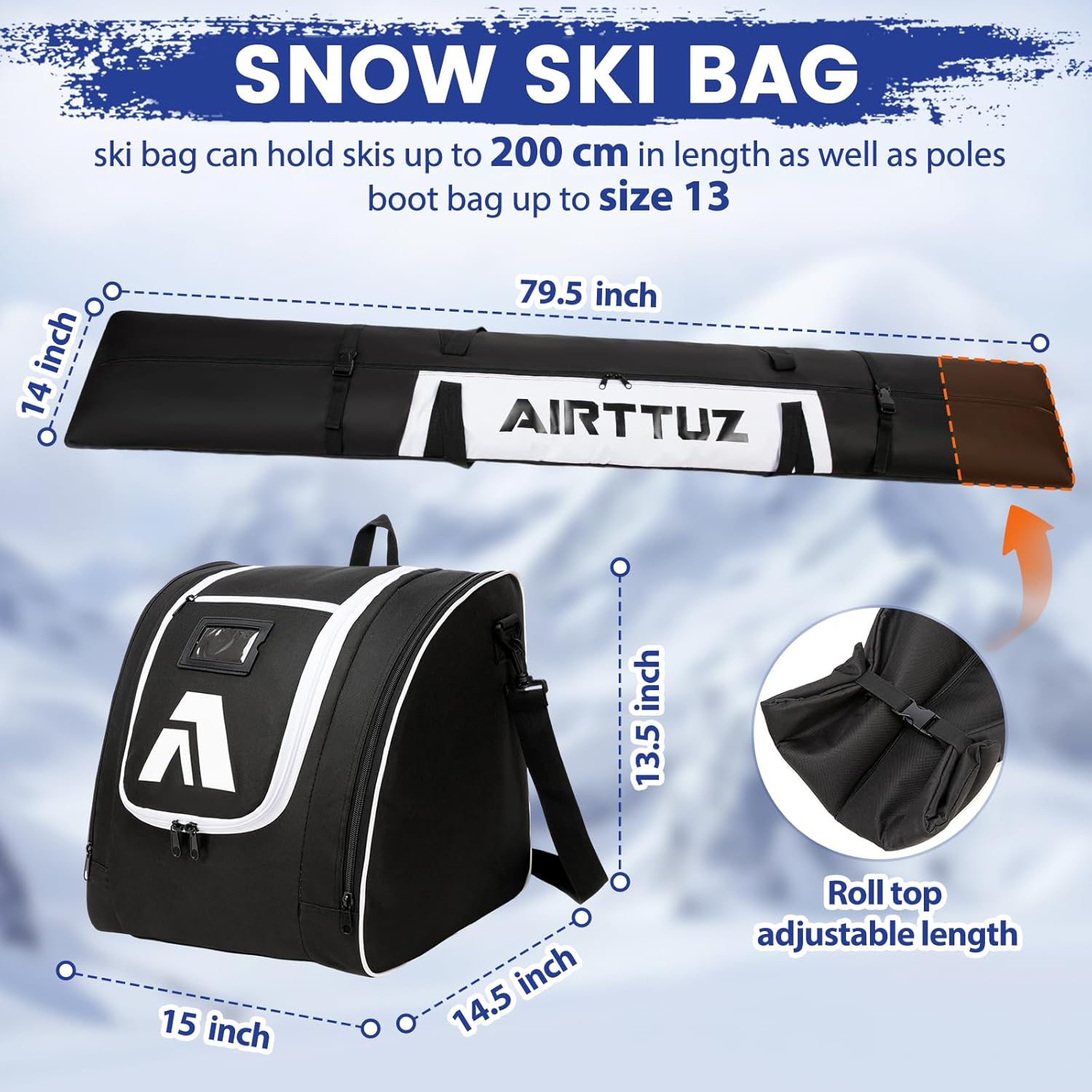 Ski Bag and Boot Bag Combo, Water-Resistant Ski Boot Travel Bag Fit Skis Up to 200 cm & Boots Size 13 With 5mm Foam Ski Gear Bag.