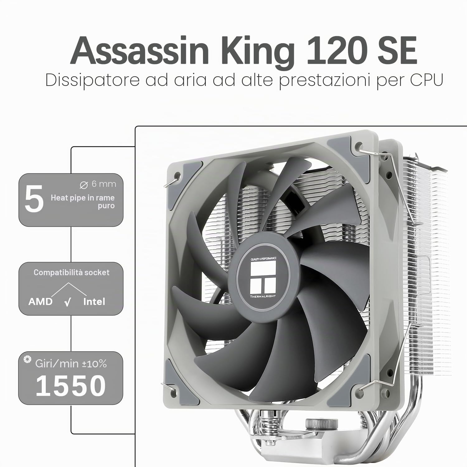 TR-Thermalright Assassin King 120 SE - Refrigeratore CPU con 5 tubi di calore, 1550 giri/min, ventola CPU silenziosa da 120 mm, per AM4/AM5, Intel LGA1851/1700/115x/1200, raffreddamento PC da 148 mm