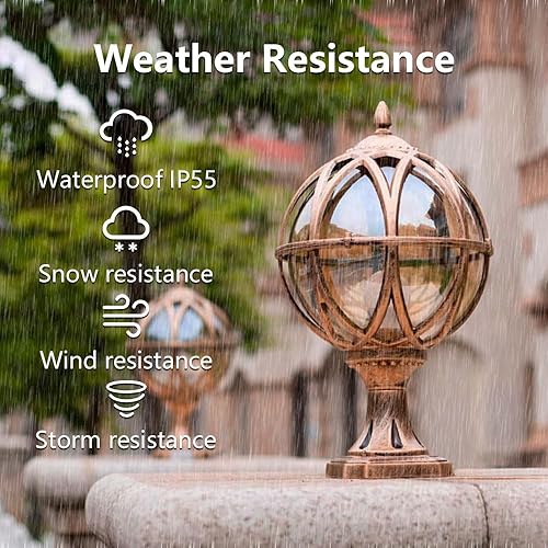 Miniatura 3 de Luces de pilar al aire libre Retro ámbar bola de vidrio poste luz lámpara de columna de aluminio fundido a presión Villa Patio Jardín parque poste