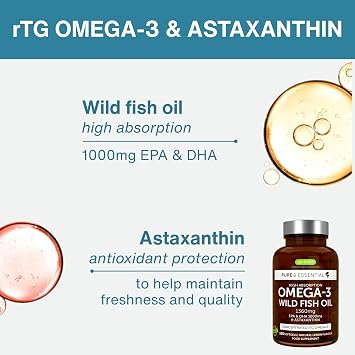 Igennus Ultra Pure Omega 3 Wild Fish Oil 1360mg + Chelated Magnesium Glycinate Bundle, IFOS Certified rTG EPA DHA Plus Astaxanthin + 380mg Elemental Magnesium for 100% NRV Per 2 Capsules