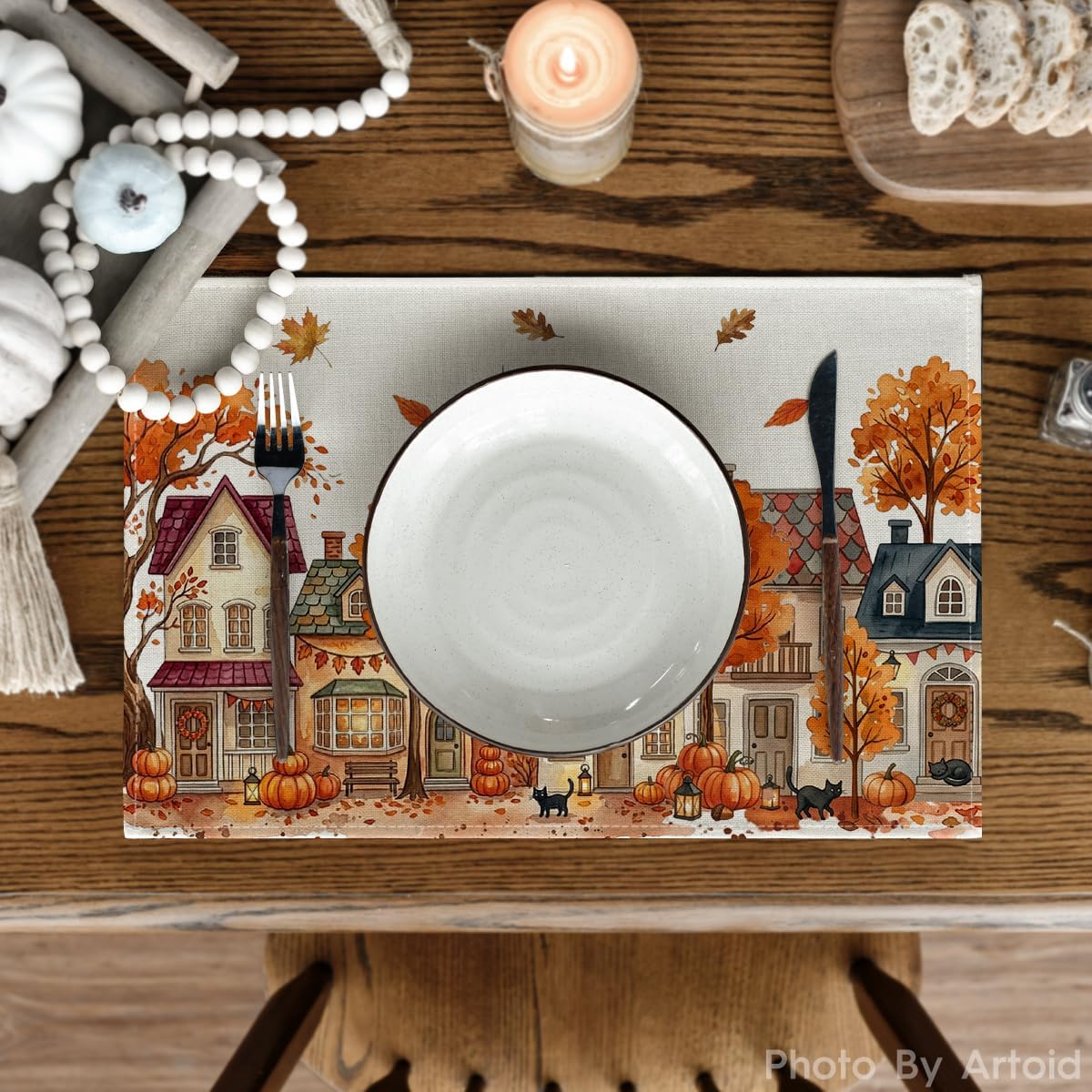 Artoid Mode Pumpkin House Tree Fall Placemats Set of 4-12 x 18 Inch