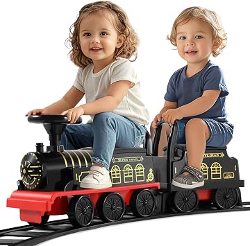 JOYLDIAS Ride On Train with 16pcs Curved Tracks and Carriage, 6V Electric Ride On Toy Train for Kids with Lights, Horns, Storage, Retractable Foot Pedals for Toddlers Under 39 inch, Black