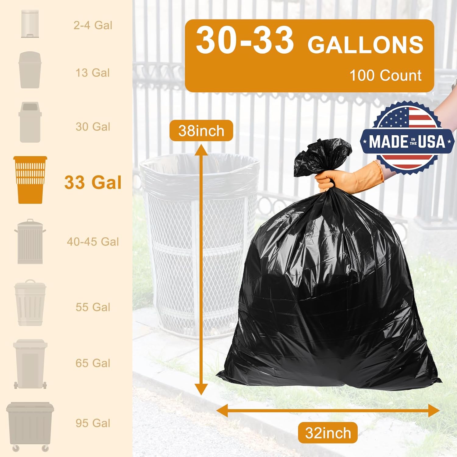 100 Pack, 30-33 Gallon Trash Bags, Medium Duty Black Garbage Bags 32"x38", Plastic Bolsas de Basura, Durable & Puncture-Resistant, Made in USA for Kitchen, Yard, Office