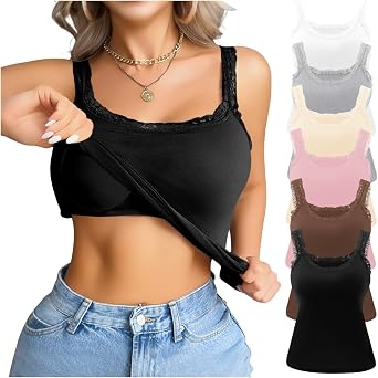 Summer Tank Tops for Women with Built in Bra Sexy Lace Trim Padded Camisole Slim Fit Self Bra Cami Shirt Layering Tees