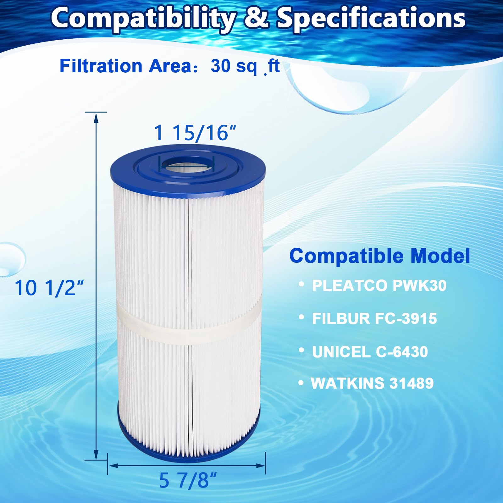 Poolimpid C-6430 Spa Filter Compatible with Watkins 31489, PWK30, FC-3915, P/N0969601, 71825, 73178, 73250, Hot Springs Spa Filters 30 sq.ft. 3 Pack