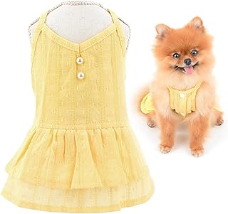 SMALLLEE_LUCKY_STORE Cute Pet Cotton Dress for Small Dog Cat Girls with Pearls Puppy Tiered Skirt Lightweight Yorkie Chihuahua Summer Clothes,Yellow,S