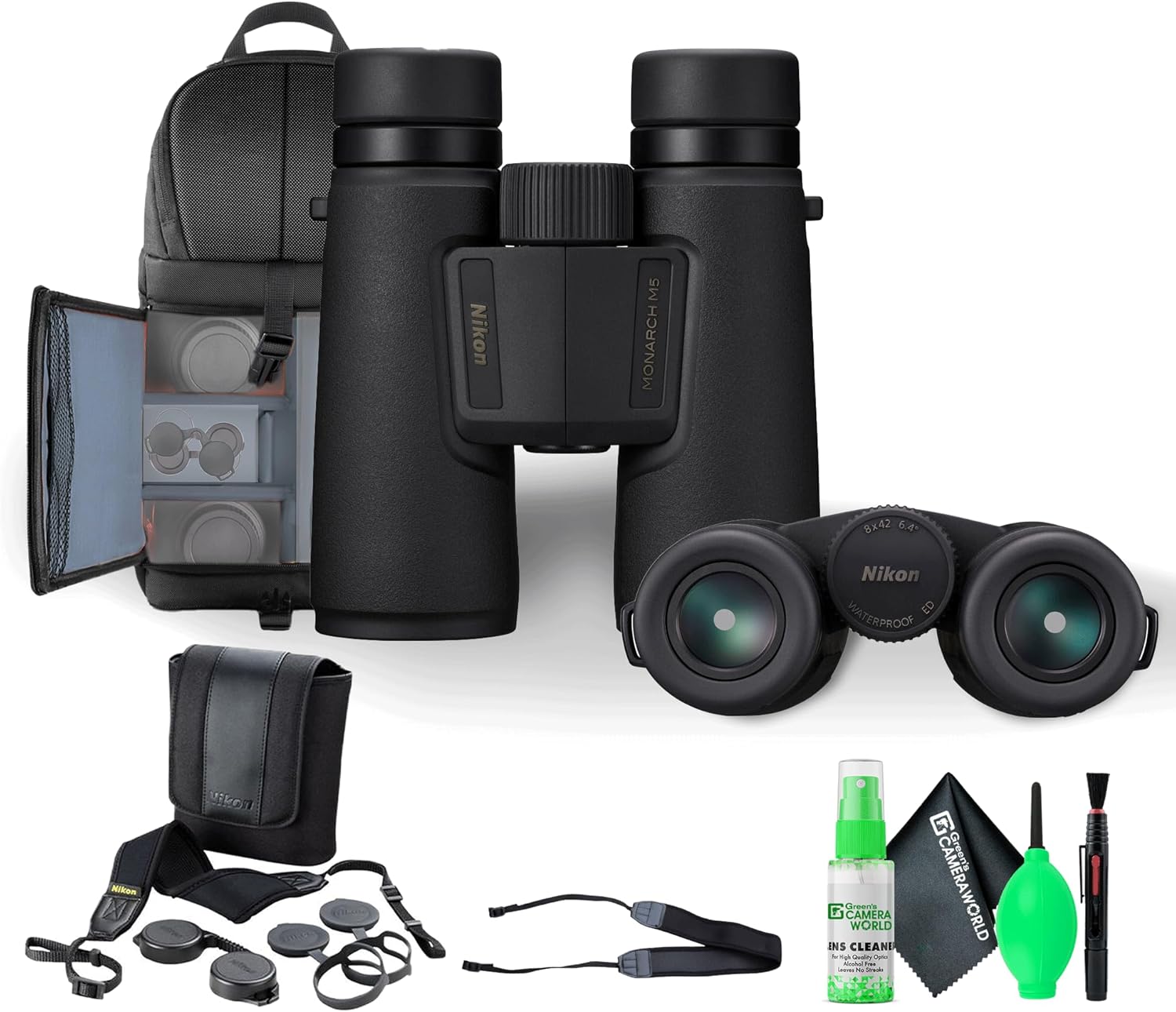 Nikon Monarch M5 8x42 Binocular, Waterproof, fogproof, Rubber-Armored Binocular with ED Glass, Long Eye Relief (Black) + Cleaning Kit-7 in 1 + Neck Strap (SLR/Video) + Pro Sling Backpack