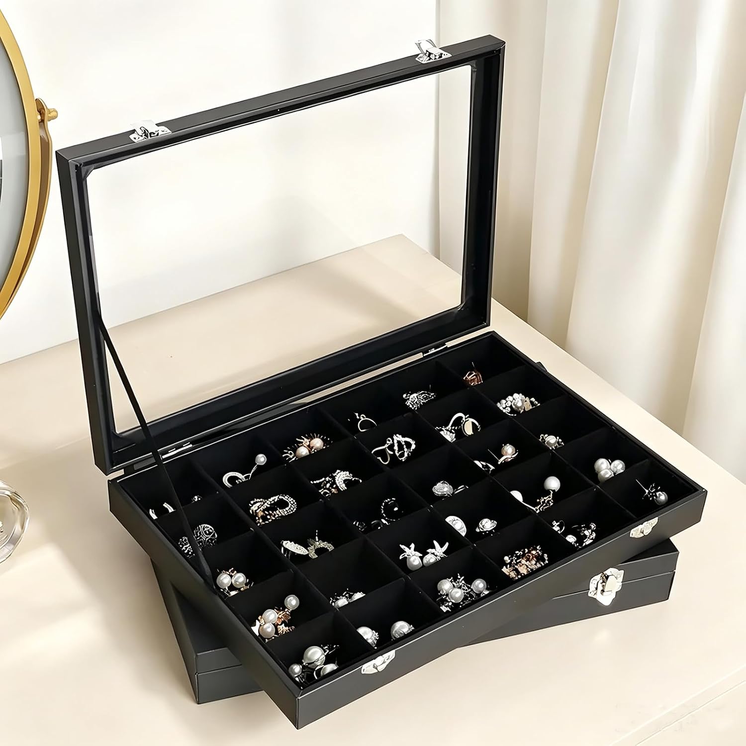 2 Pack Rock Collection Display Case, 36 Grid Rock Display Case, Black PU Leather Rocks Collection Box with Clear Glass Lid and Soft Grids for Gemstone Crystal Small Jewelry Display