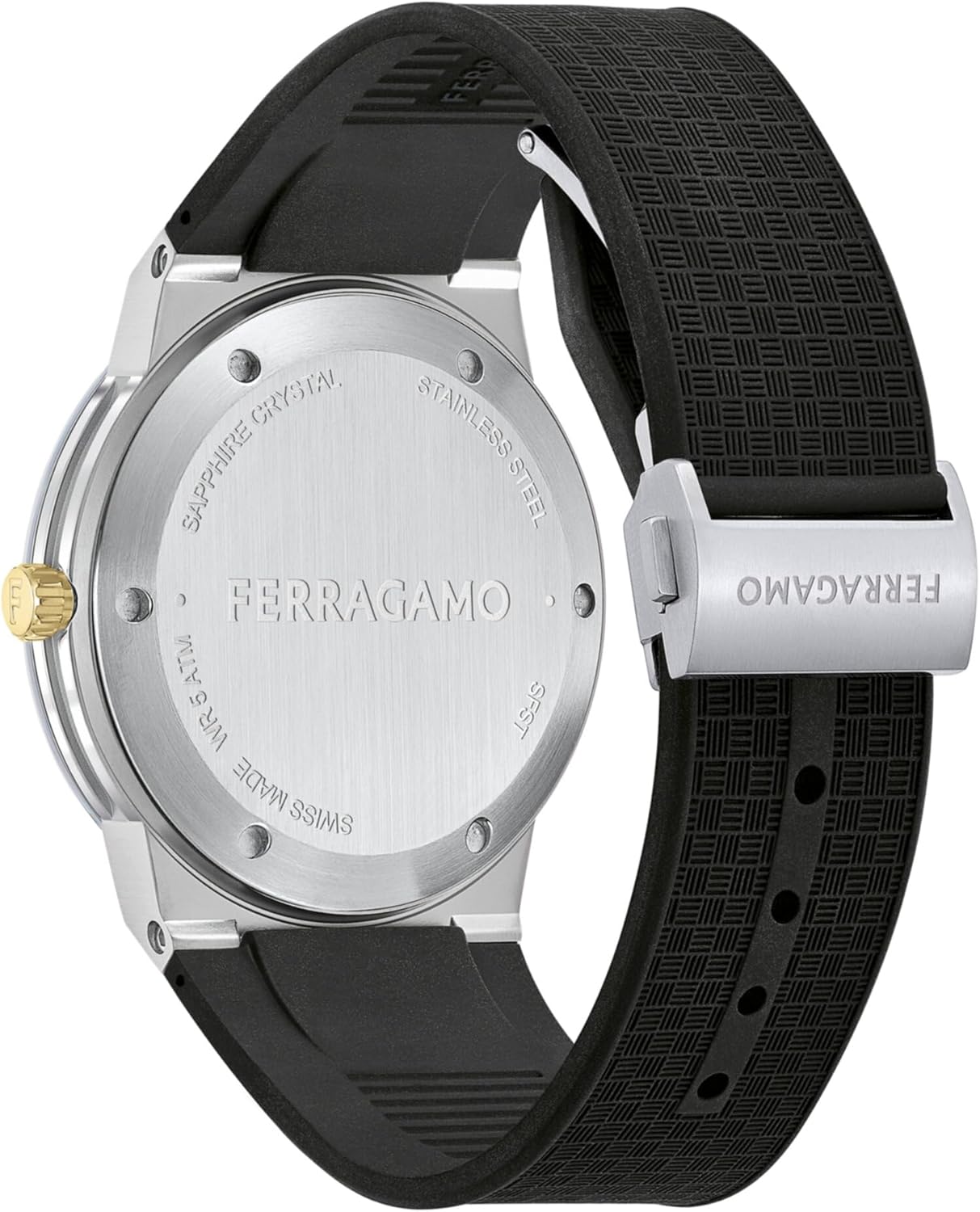 Ferragamo Ferragamo Infinity Sapphire Collection Luxury Mens Watch Timepieces with a Black Strap Featuring a Stainless Steel Case and a Silver Dial