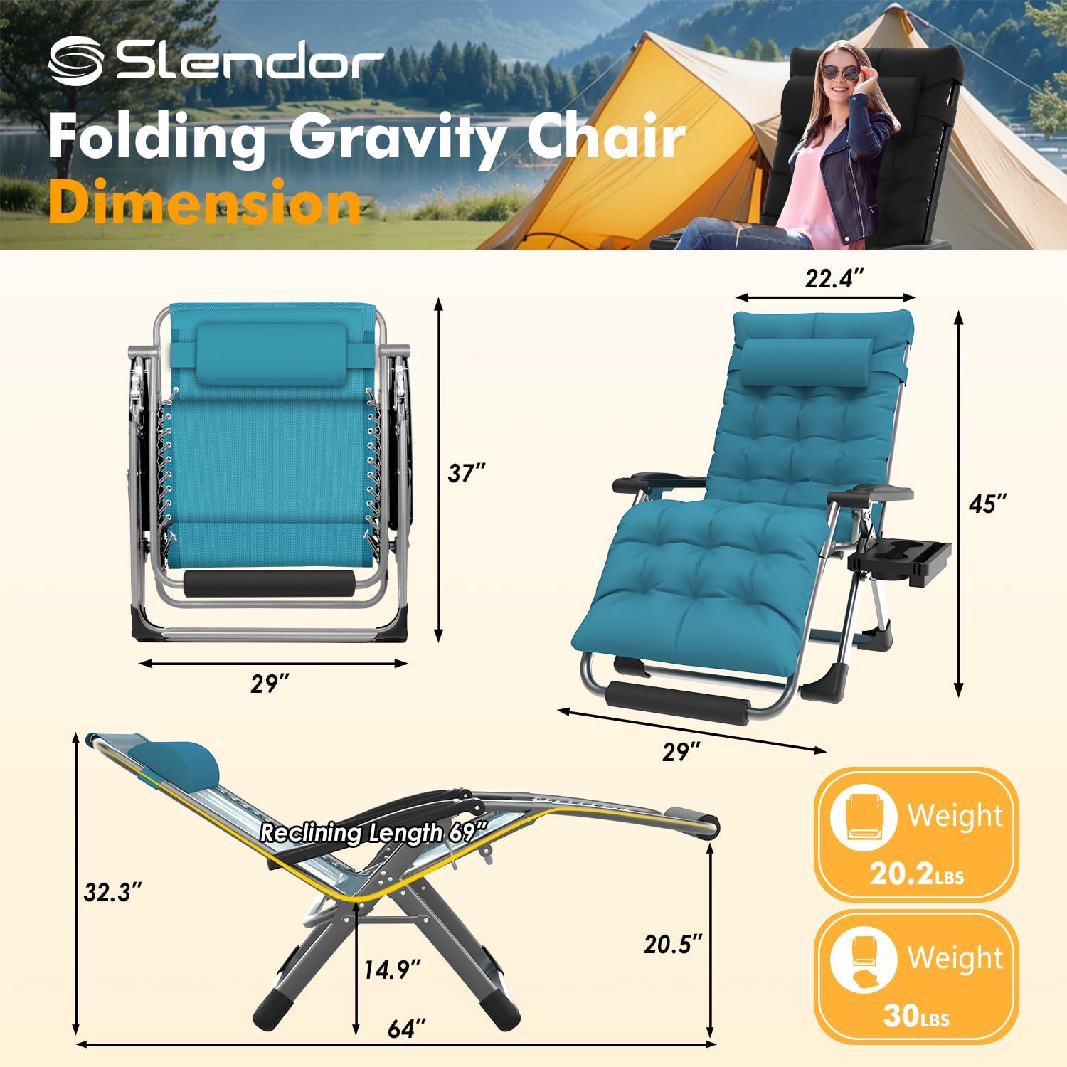 Slendor Oversized Zero Gravity Chairs XL, 29IN Padded Anti Gravity Chair, Zero Gravity Lounge Chair, Folding Reclining Patio Chair w/Aluminum Alloy Lock, Headrest, Cup Holder, Light Blue
