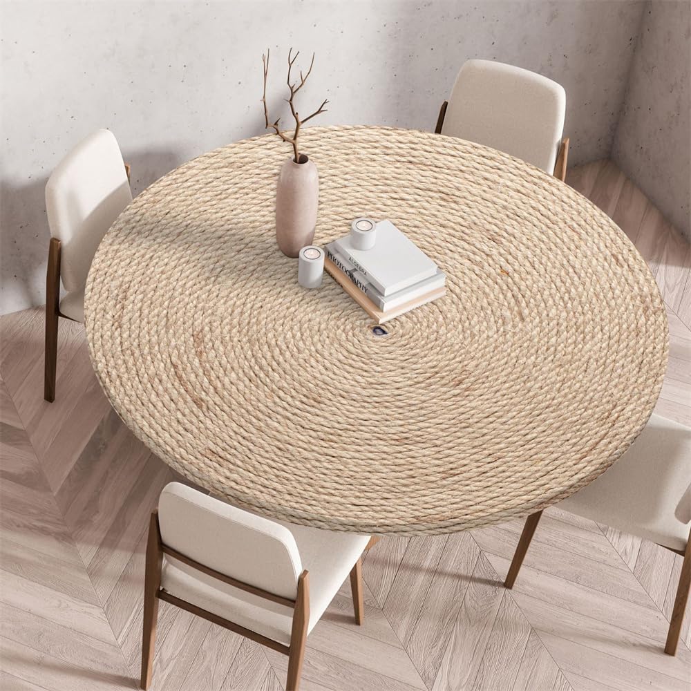 Chickwin Mantel Redondo Antimanchas con Bordes Elástica, Mantel de Mesa Redondo Exterior Patrón de Tejido de Yute 3D Cubierta de Mesas Lavable para Jardín, Cocina y Picnic (120cm,Estilo B)