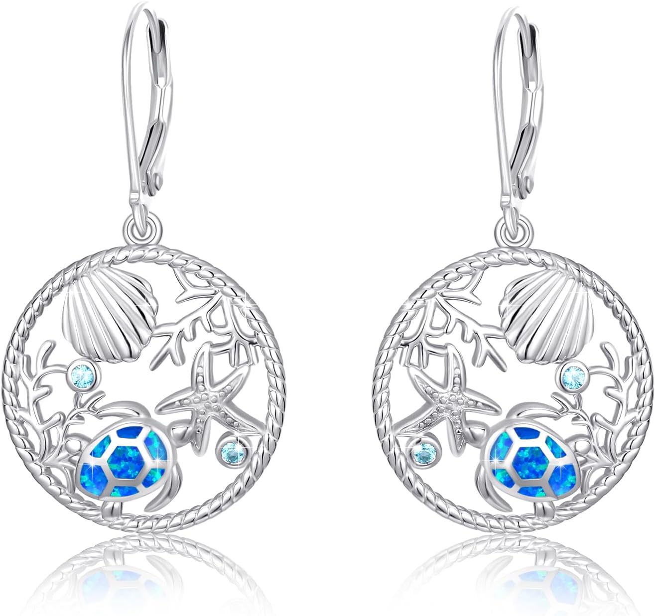 Turtle Earrings for Women S925 Sterling Silver Hawaii Blue Opal Sea Starfish Dangle Earring Tortoise Drop Animal Statement Ocean Summer Beach Vacation Jewelry Mothers Day Christmas Gift
