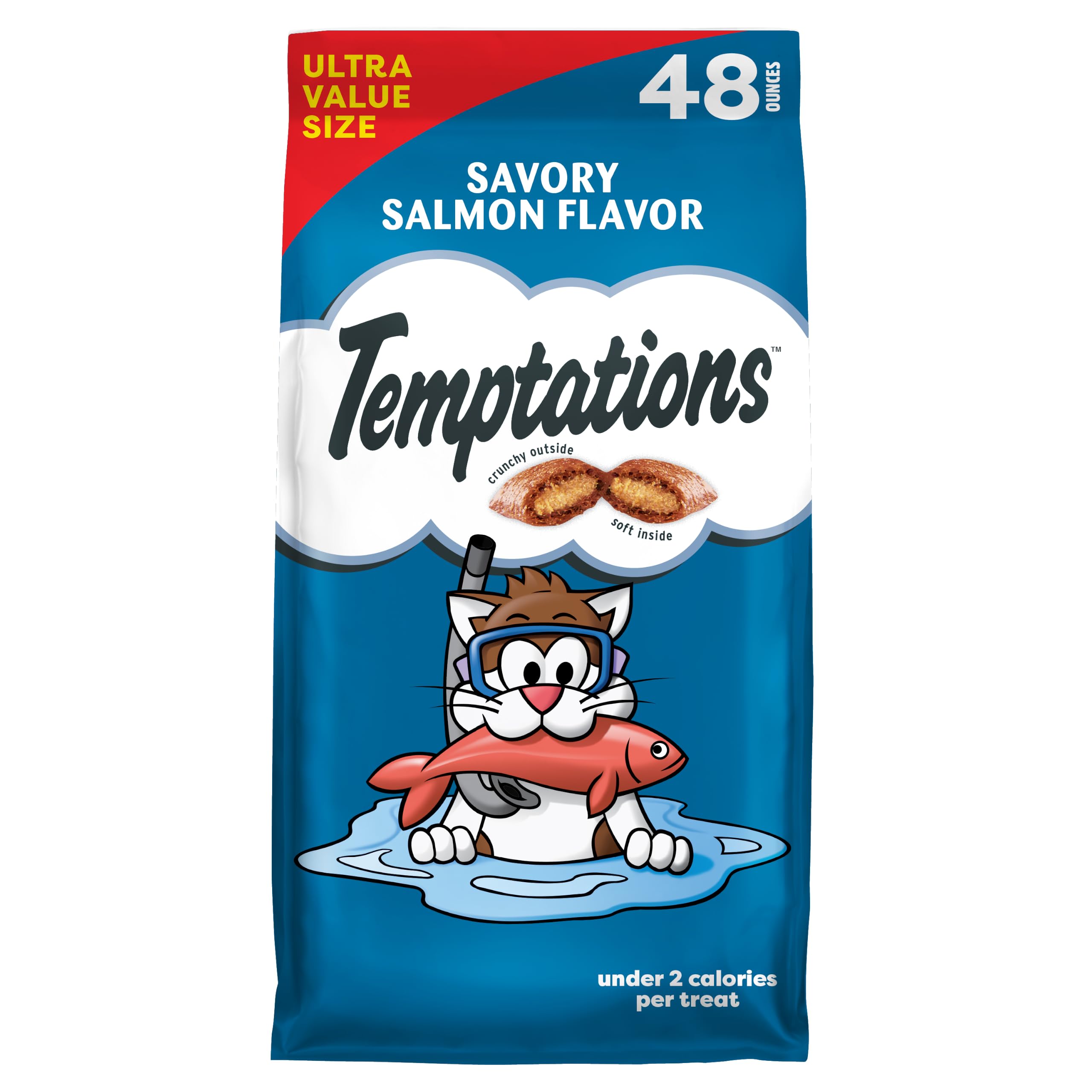 Temptations Classic Crunchy and Soft Cat Treats, Savory Salmon, 48 oz | Crunchy outside, soft inside, under 2 calories per treat, 100% complete & balanced for adult cats, resealable stay-fresh bag