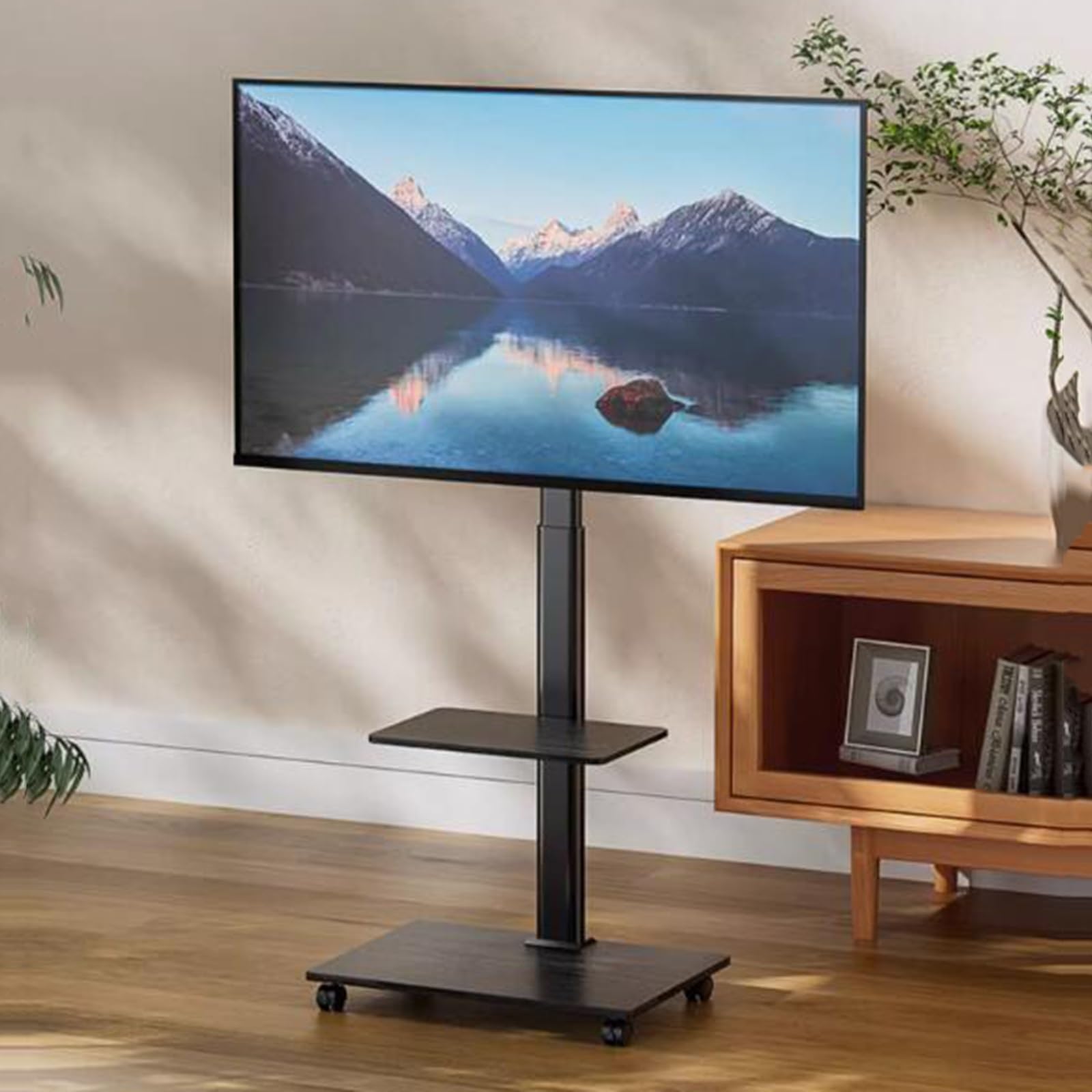 OLSKFUH Universal Tv Stand Mobile Tv Cart For 32-70 Inch Screens Tvs, Height Adjustable Portable Floor Stand With Media Shelf Tray, Holds Up To 40Kg/88Lbs,