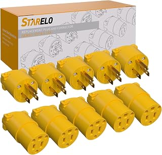 STARELO Electrical Replacement Plug & Connector Set Extension Cord Ends Yellow Shell 125V 15A 2Pole 3Wire NEMA 5-15P & 5-15R Industrial Grade 3-Prong Straight Blade Grounding Type(5)