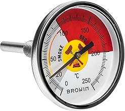 BROWIN® Analog Grillthermometer | Thermometer für Smoker und Grill | Deckelthermometer für BBQ und Räucherofen | Rauchgasthermometer aus Edelstahl (Analog Grillthermometer Ø 53 mm)
