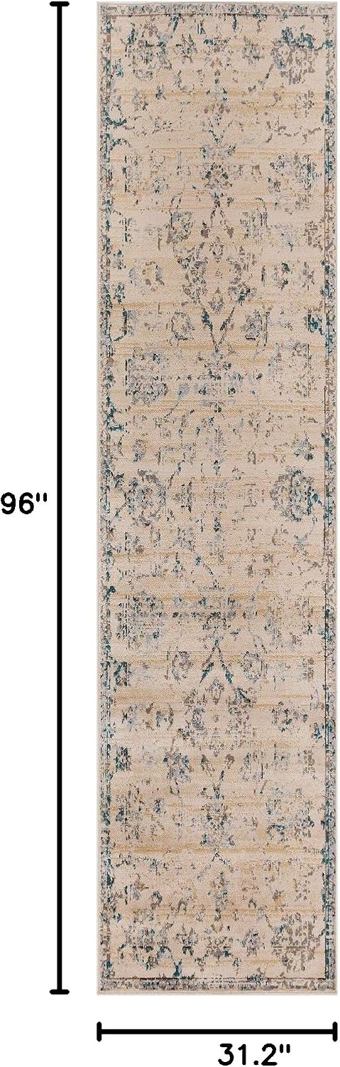 BNM Indoor Large Runner Rug with Jute Backing, Great for Entryway, Living Room, Kitchen, Dorm, Bedroom, Hallway, Perfect for Hardwood Floors, Distressed Medallion Indoor Runner Rug, 2' 7" x 8', Teal