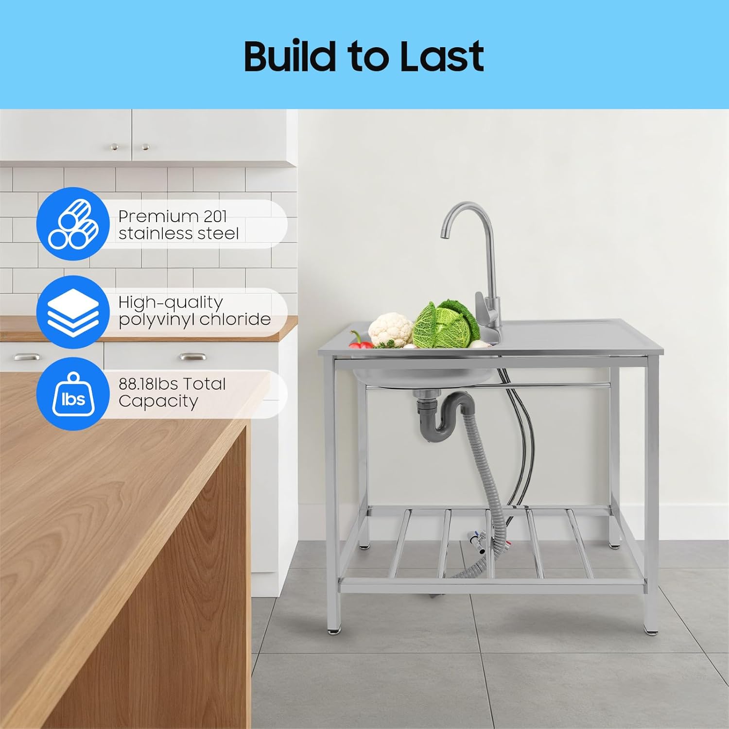 Utility Sink, Portable Hand Wash Station, Free Standing Single Bowl Kitchen Bowl, Metal Wash Tub with Hot and Cold Faucet, Outdoor Sink Station for Restaurant Cafe Hotel