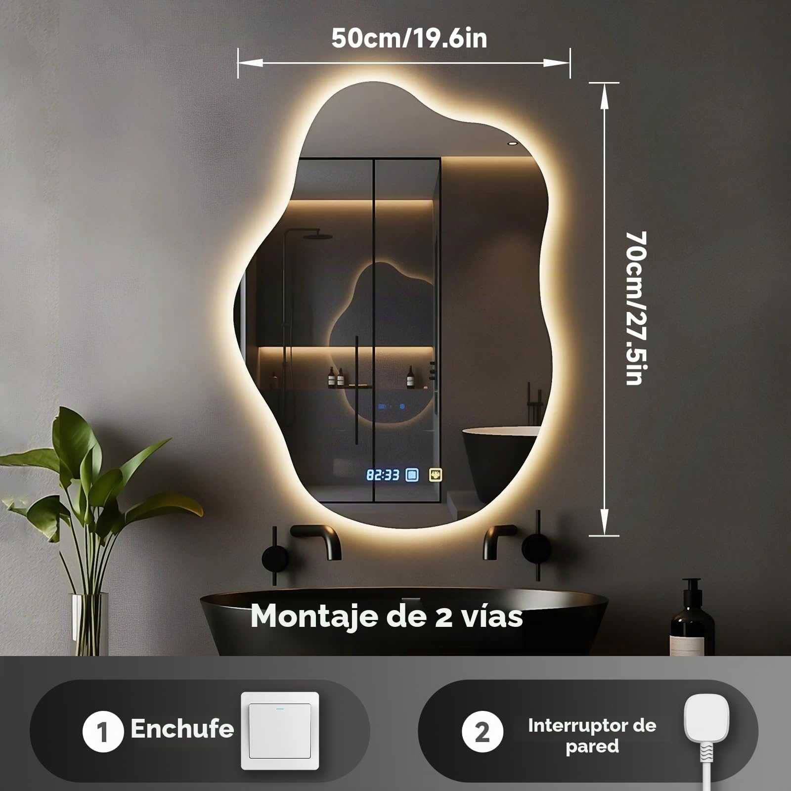 Espejos de Baño con Luz LED 70 x 50 cm, Espejo Baño con Luz Regulable de 3 Colores, Diseño de Nubes, Espejos de Pared con LED, Función Antivaho, Ajuste de Brillo, Interruptor Táctil