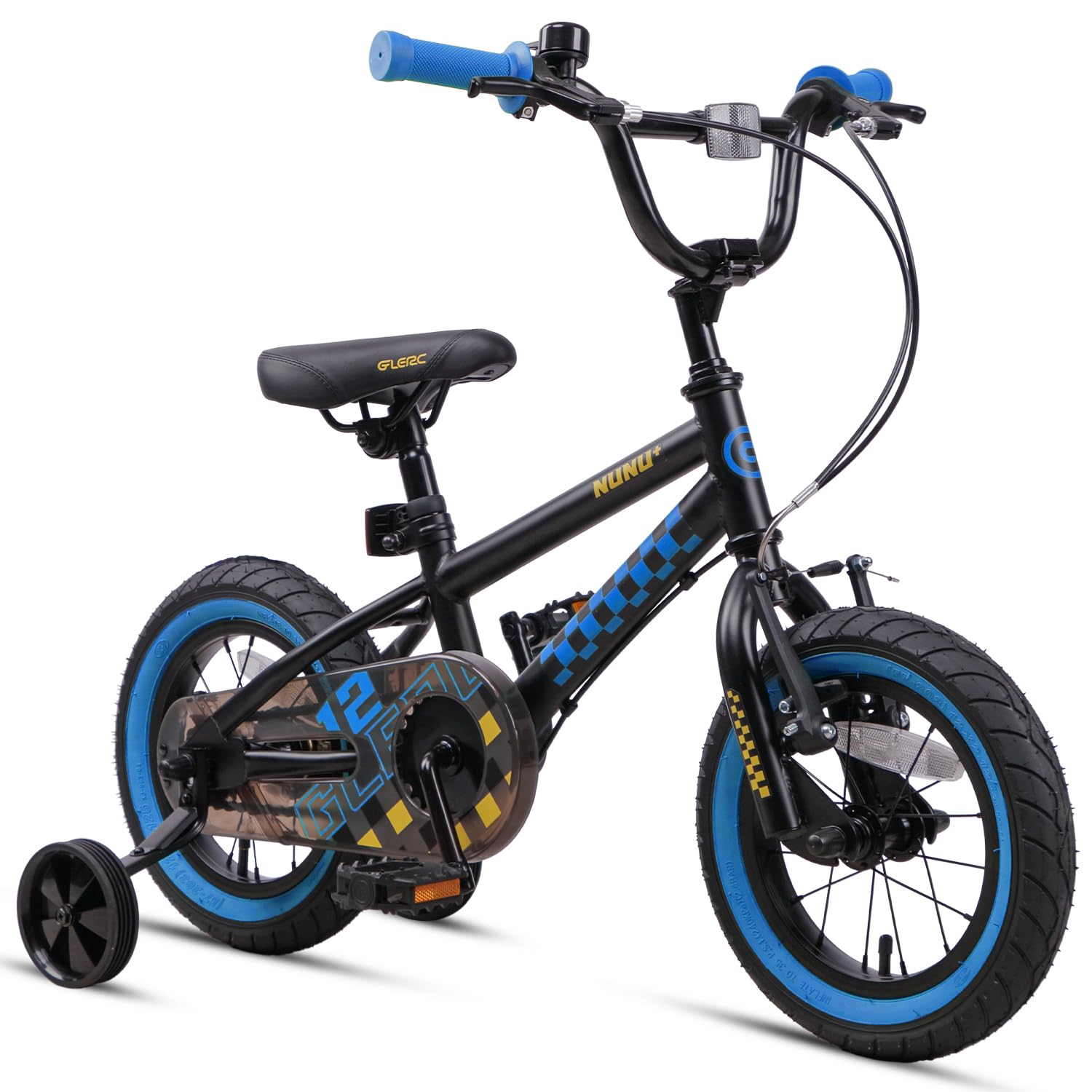 Glerc NuNu 12 Inch Kids Boys Bike BMX Style for 2 3 4 Years Old, Toddler Bicycles with Dual Handbrakes, Stabilisers & Adjustable Handlebar/Saddle, Black and Blue