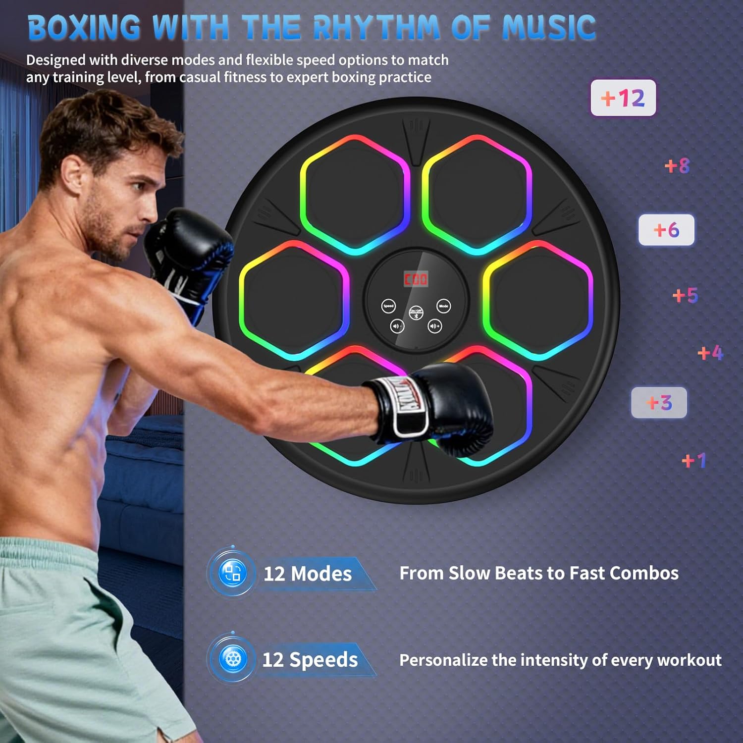 GAINO Music Boxing Machine, Smart Bluetooth Boxing Machine for Adults & Kids with 2 Boxing Gloves, 12 Modes/Speeds, Wall Mounted Music Boxing Workout Equipment for Home Office Gym(Black)