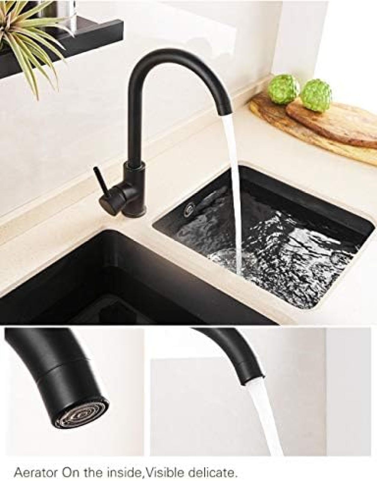 Schwarzer Küchenhahn mit drehbarem Kalt- und Warmwasseranschluss, Messing-Spültischmischer, Kupfer-Küchenarmatur für modernes Wohnen und stilvolle Küchenausstattung