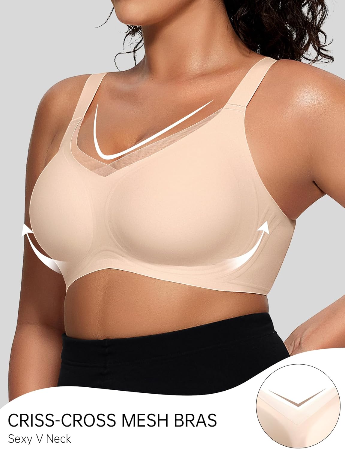 OEAK Womens Wireless Bras V Mesh Comfortable Bralette Supportive Tshirt Bra No Underwire Seamless Push Up Everyday Bras - Image 2