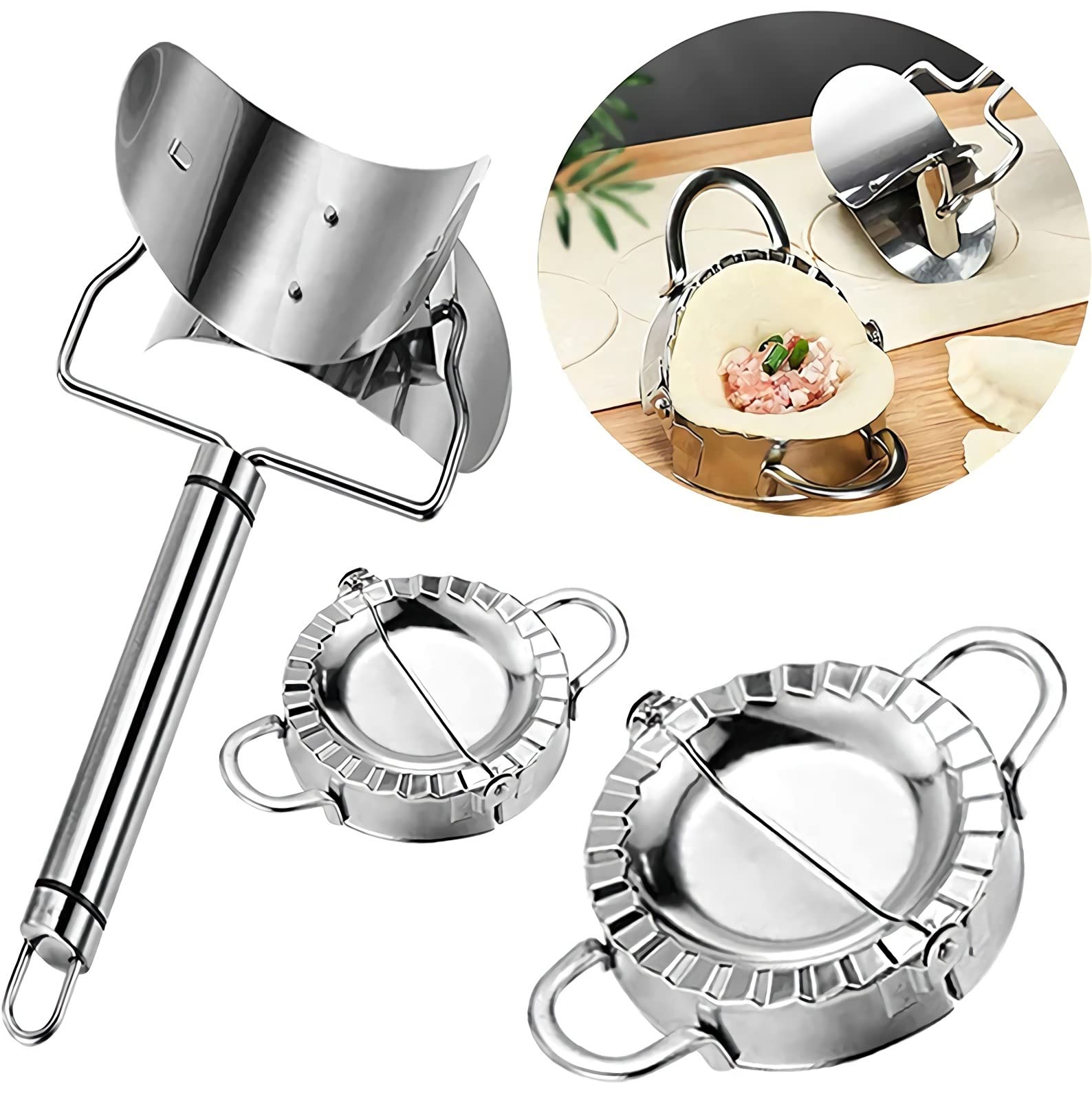 Stainless Steel Dumplings Makers, 1 Dumpling Skin Maker, 2 Dumpling Molds in Different Sizes, Chinese Dumpling Cutter Pie Ravioli Empanadas Press Mold Kitchen Accessories(3 Pieces)