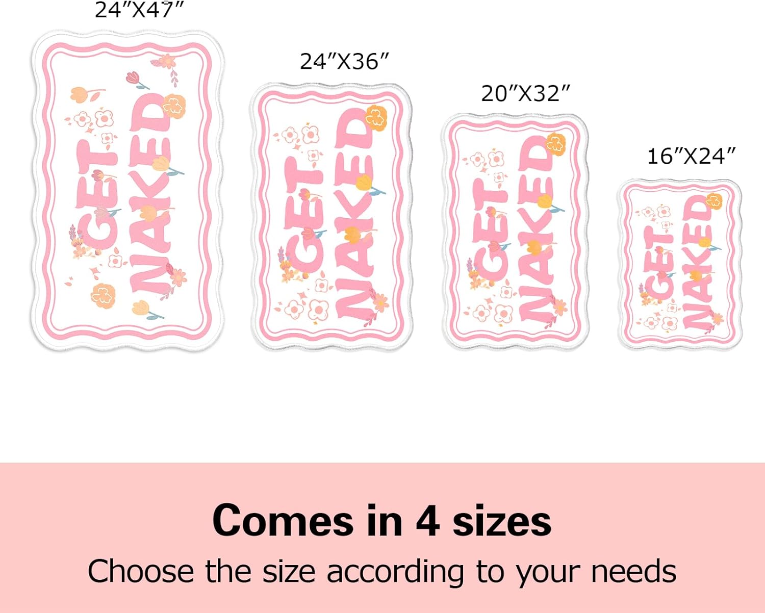 Get Naked Bath Mat, Scalloped Pink Ultra Thin Soft Non Slip Absorbent Machine Washable Bathroom Runner Rug, Large Long Quick Dry Low Pile Fluffy Cute Funny Bath Rugs for Bathroom Floor