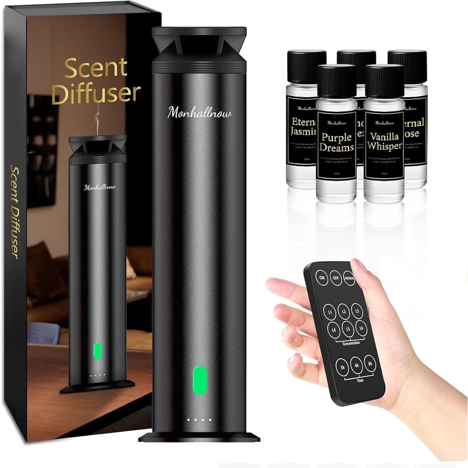 Waterless Scent Diffuser Starter Kit – 1000 Sq Ft Coverage, Premium Essential Oil Diffuser for Home, Hotel & Office, Included 5 Scent Oils, Remote Control, Aromatherapy Diffuser, Black