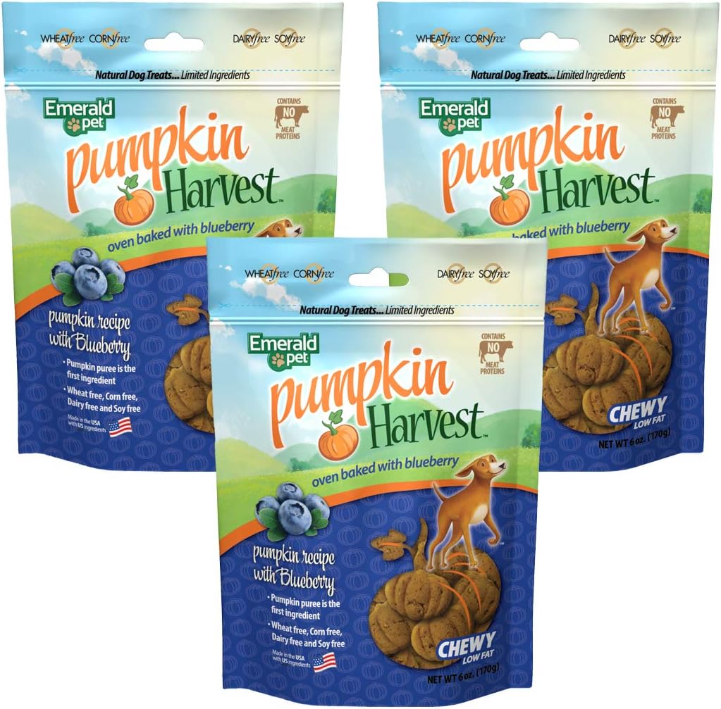 Emerald Pet Pumpkin Harvest Chewy Meat Free Natural Dog Treats, 3 Packs and 4 Pack Variety Made in USA (3 Pack Blueberry)