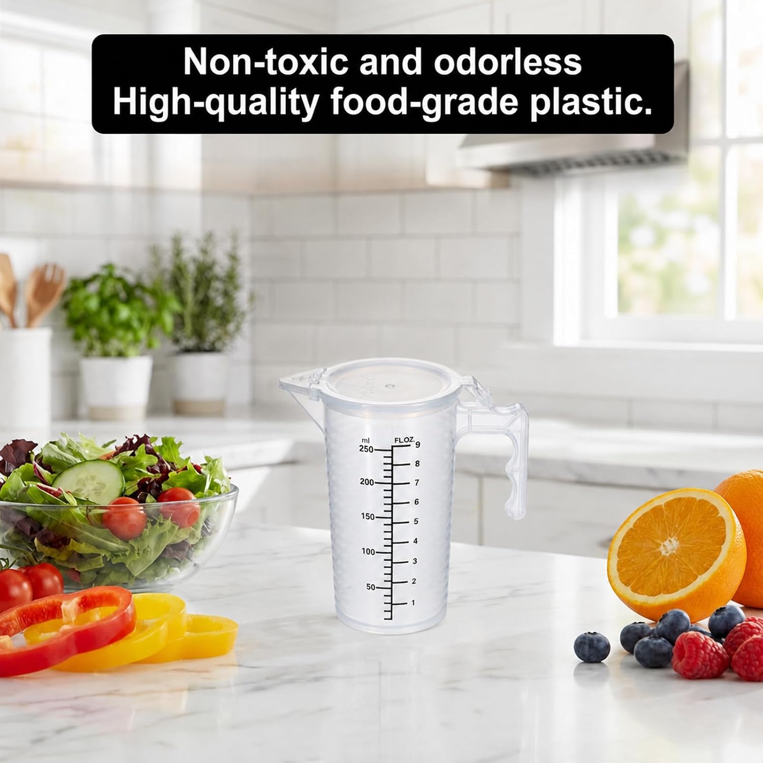250ml Plastic Graduated Beaker, 2 Pack 9oz Plastic Measuring Cup with Handle, Measuring Pitcher with Lid Measuring Container for Liquid Mixing, Pouring, Pet Food, Oil, Laboratory, Kitchen