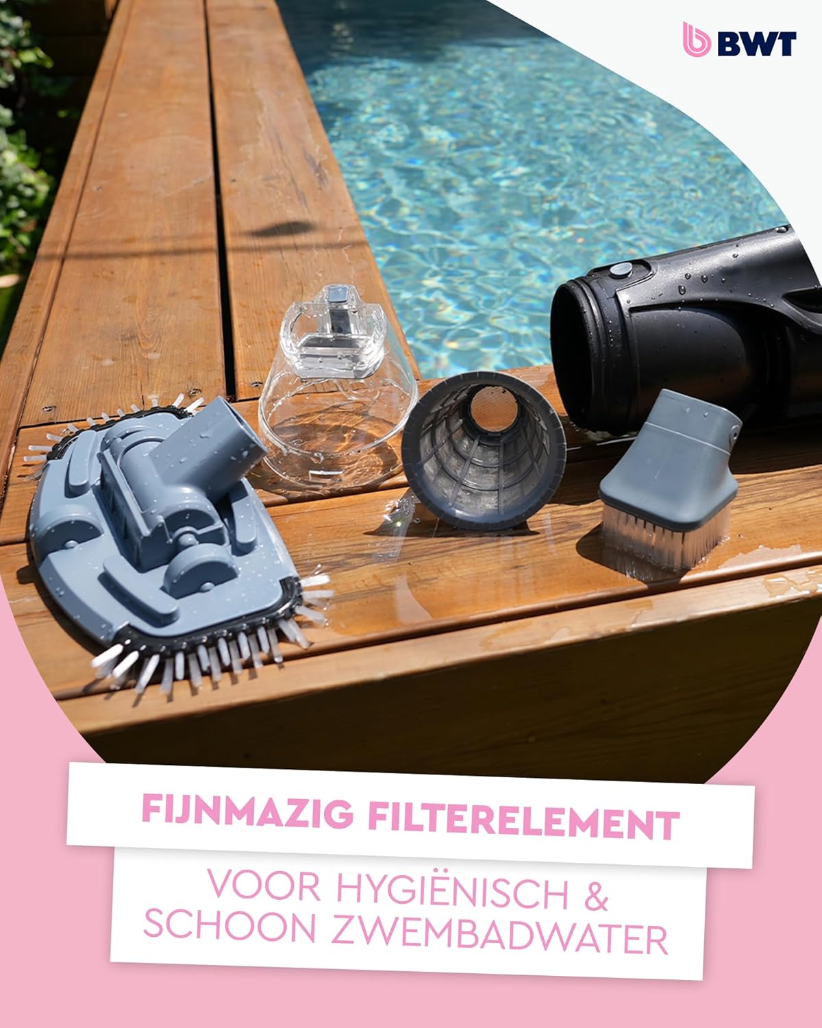 Disassembled components of the BWT FSA400 pool vacuum cleaner, including the main body, clear debris chamber, filter, and cleaning head, laid on a wooden deck next to a pool.