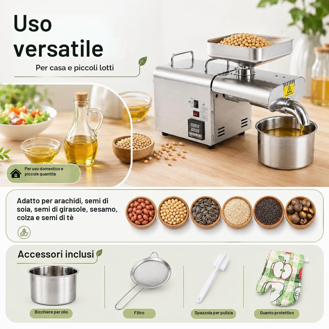 MINRS Pressaolio automatica da 750 W, in acciaio inox, frantoio e estrattore di olio
